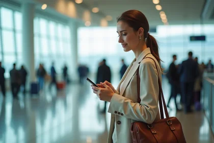 Femme au terminal d'aéroport consultant son application MisterFly Club sur smartphone avant un départ en voyage