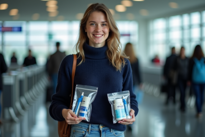 Jeune femme à l'aéroport avec trousses de voyage
