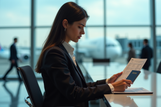 Femme d'affaires regardant son billet à l'aéroport