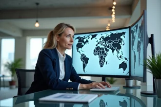 Femme d'affaires professionnelle consultant une carte des fuseaux horaires mondiaux sur un écran incurvé dans un bureau moderne
