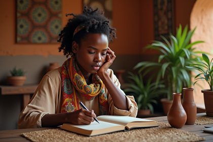 Jeune femme afrodescendante écrivant dans un journal