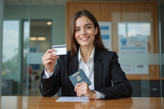 Jeune femme en costume compare carte bancaire et passeport