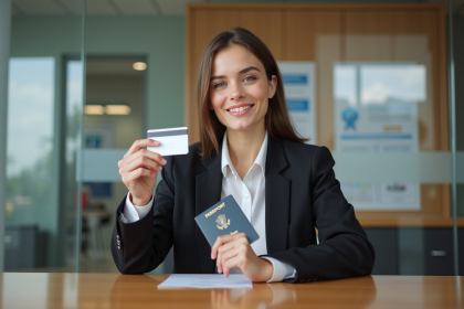 Jeune femme en costume compare carte bancaire et passeport