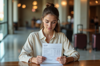 Jeune femme calculant la taxe sur une facture d'hôtel