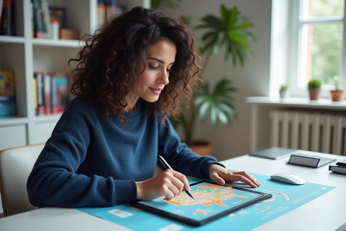 Femme consultant une carte numérique interactive des États-Unis avec noms de villes en français sur une tablette