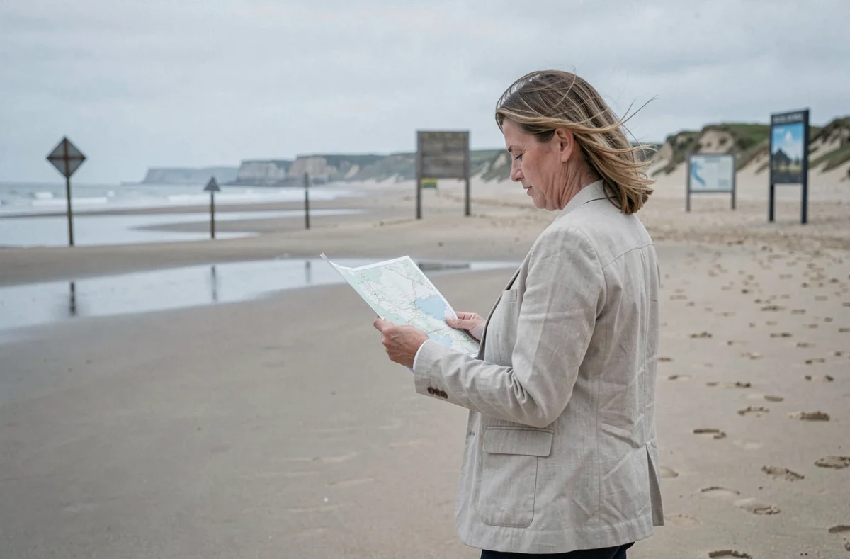 Femme consultant une carte sur une plage normande avec des repères historiques en arrière-plan