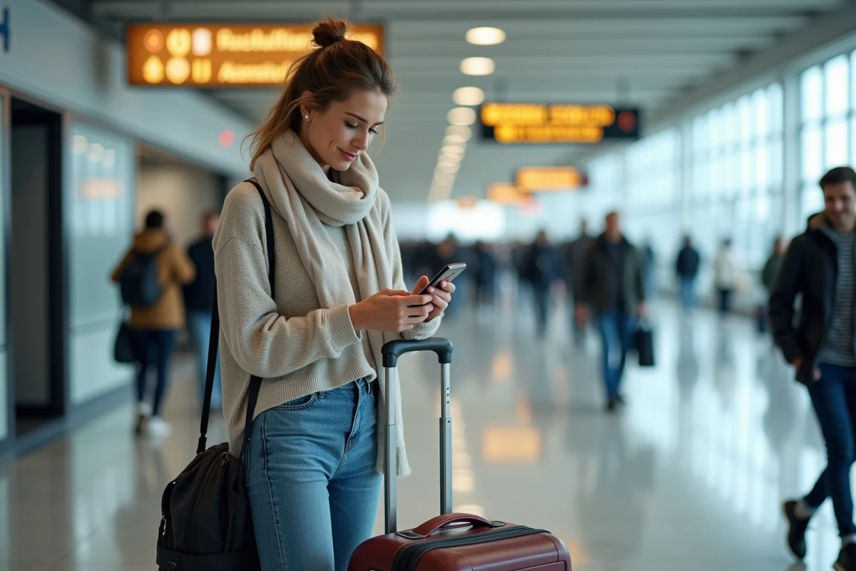 Femme avec valise à Gatwick vérifiant son smartphone