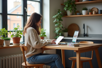 Jeune femme dans un appartement cosy avec vue sur la ville