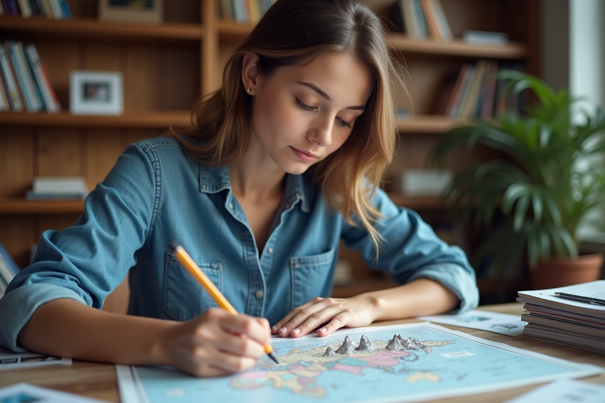 Jeune femme dessinant des montagnes sur une carte