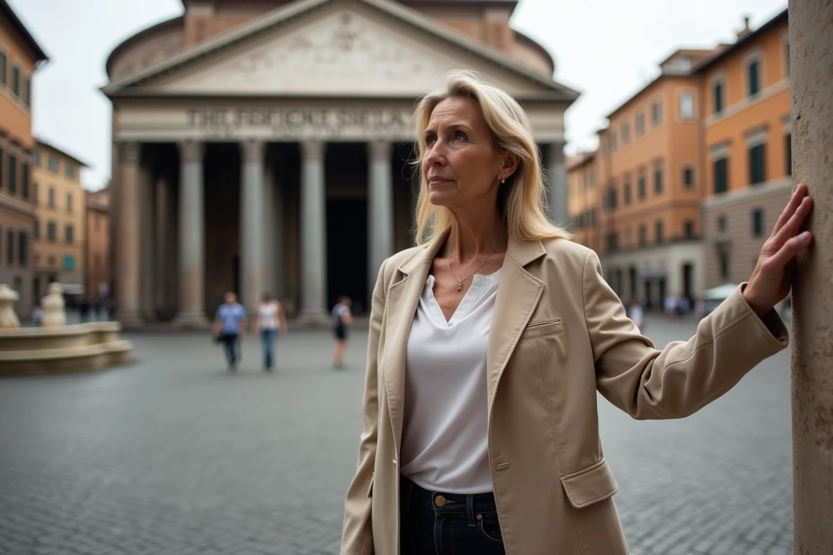 Femme italienne devant le Panthéon de Rome, architecture antique et vie contemporaine mêlées dans la capitale italienne