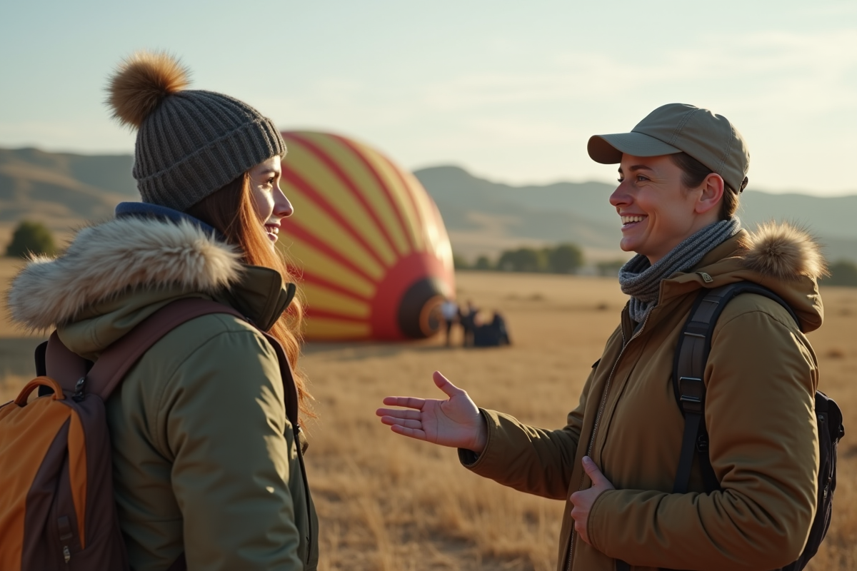 Femme souriante écoute un pilote de ballon dans un paysage rural