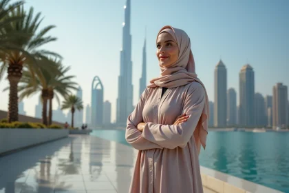 Jeune femme Emirati en abaya devant Dubai