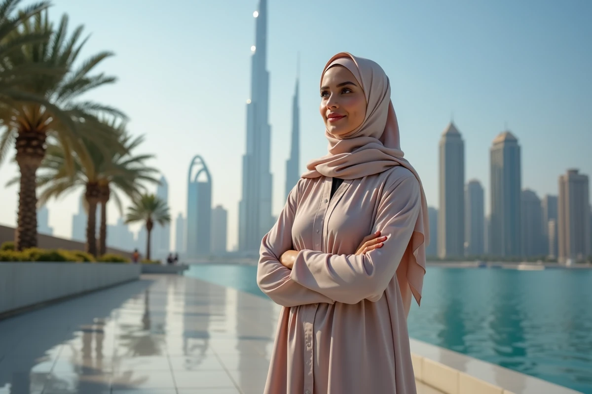 Jeune femme Emirati en abaya devant Dubai