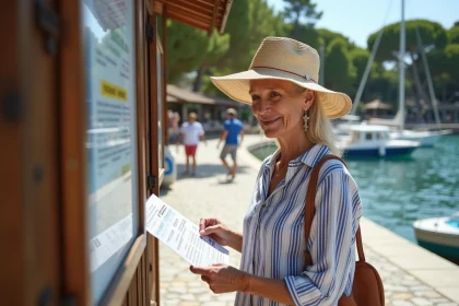 Femme vérifiant un horaire de ferry au port méditerranéen