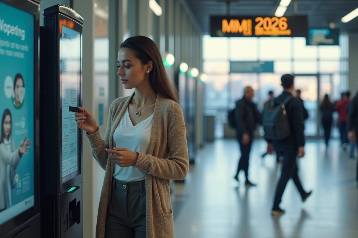 Jeune femme marocaine utilisant un kiosque digital dans la station