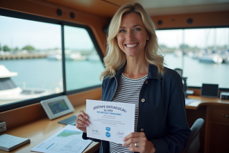 Femme souriante tenant une licence bateau près du comptoir