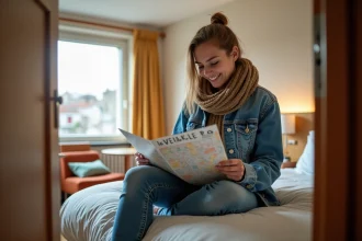 Jeune femme lisant une carte en hôtel cosy