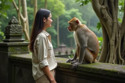 Jeune femme observant un macaque dans la foret sacrée d Ubud