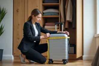 Femme mesurant une valise cabine avec un ruban à mesurer dans une chambre moderne avant un voyage en avion