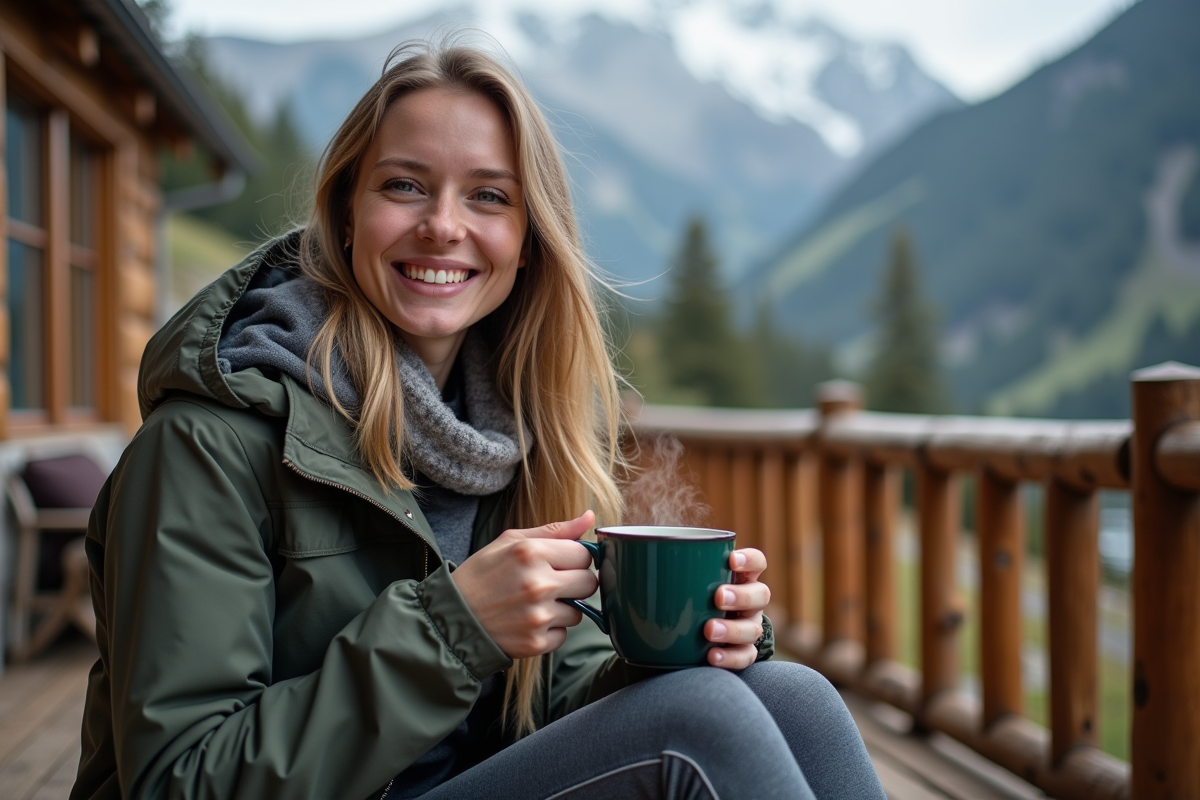 Femme souriante assise avec tasse dans un lodge de montagne
