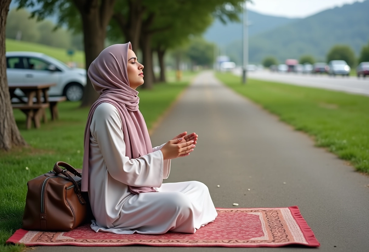 Jeune femme musulmane priant sur tapis dans nature