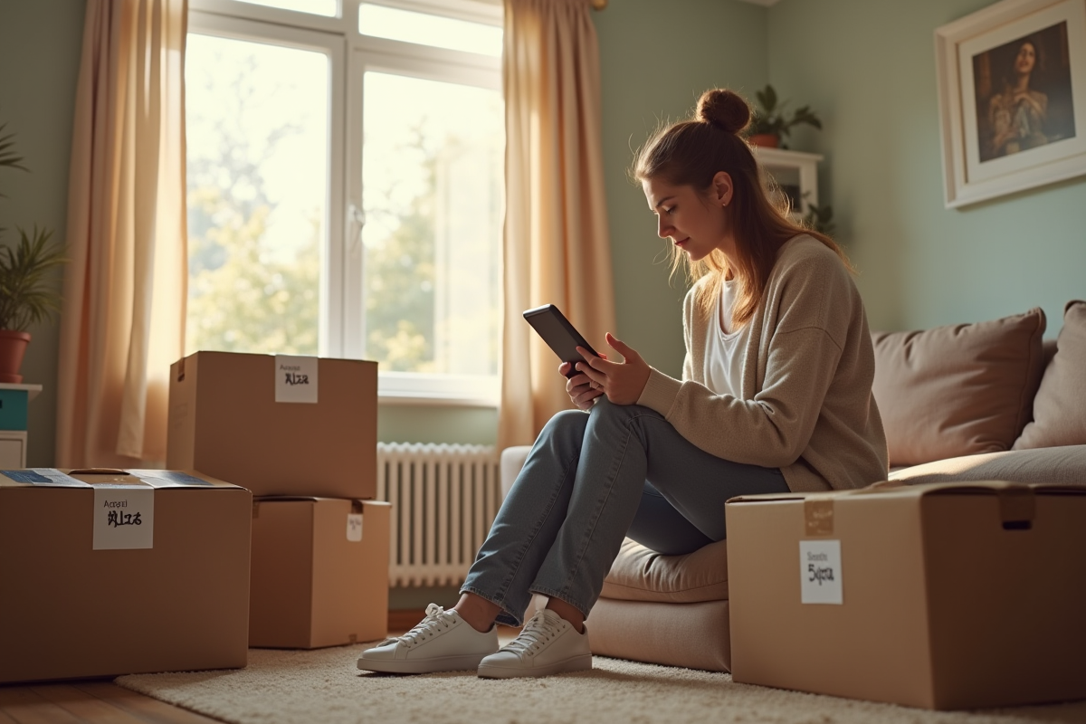 Femme vérifiant sa liste dans son salon avec cartons de déménagement