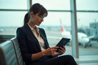 Femme d'affaires examinant son passeport français à l'aéroport