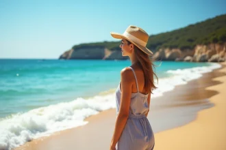 Femme en robe d'été au bord de la mer méditerranéenne