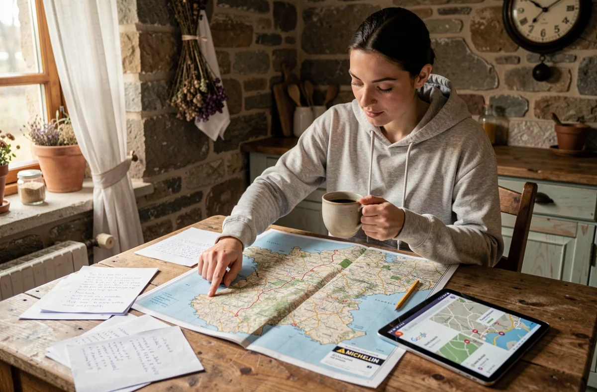 Une femme planifie un itinéraire de voyage en consultant une carte routière Michelin sur une table en bois rustique, entourée de notes manuscrites et d'une tablette affichant Google Maps