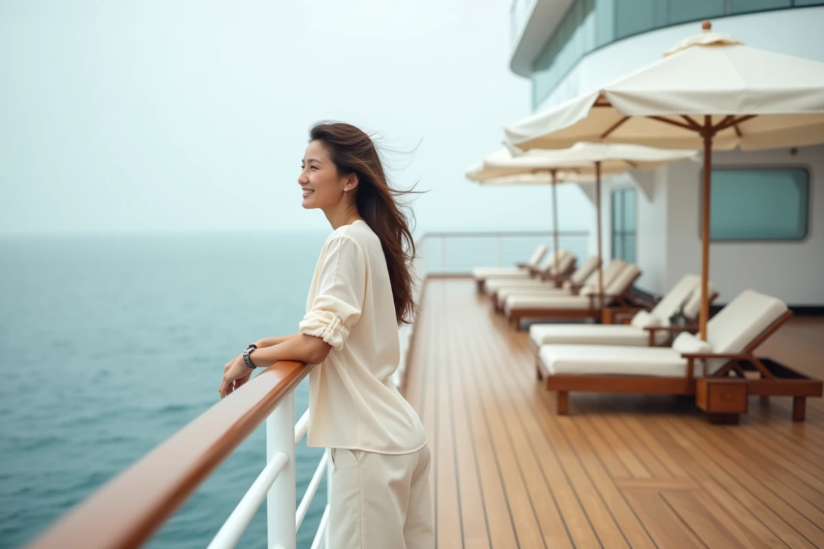 Femme élégante seule sur le pont d'un navire de croisière de luxe contemplant l'horizon en mer