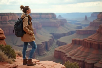 Jeune femme au canyon avec paysage rocheux et ciel ouvert