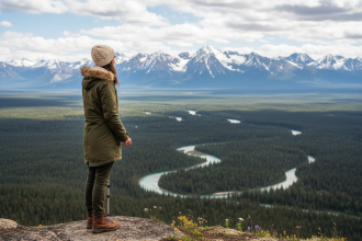 Femme en parka sur un rocher dans la nature sauvage du Yukon