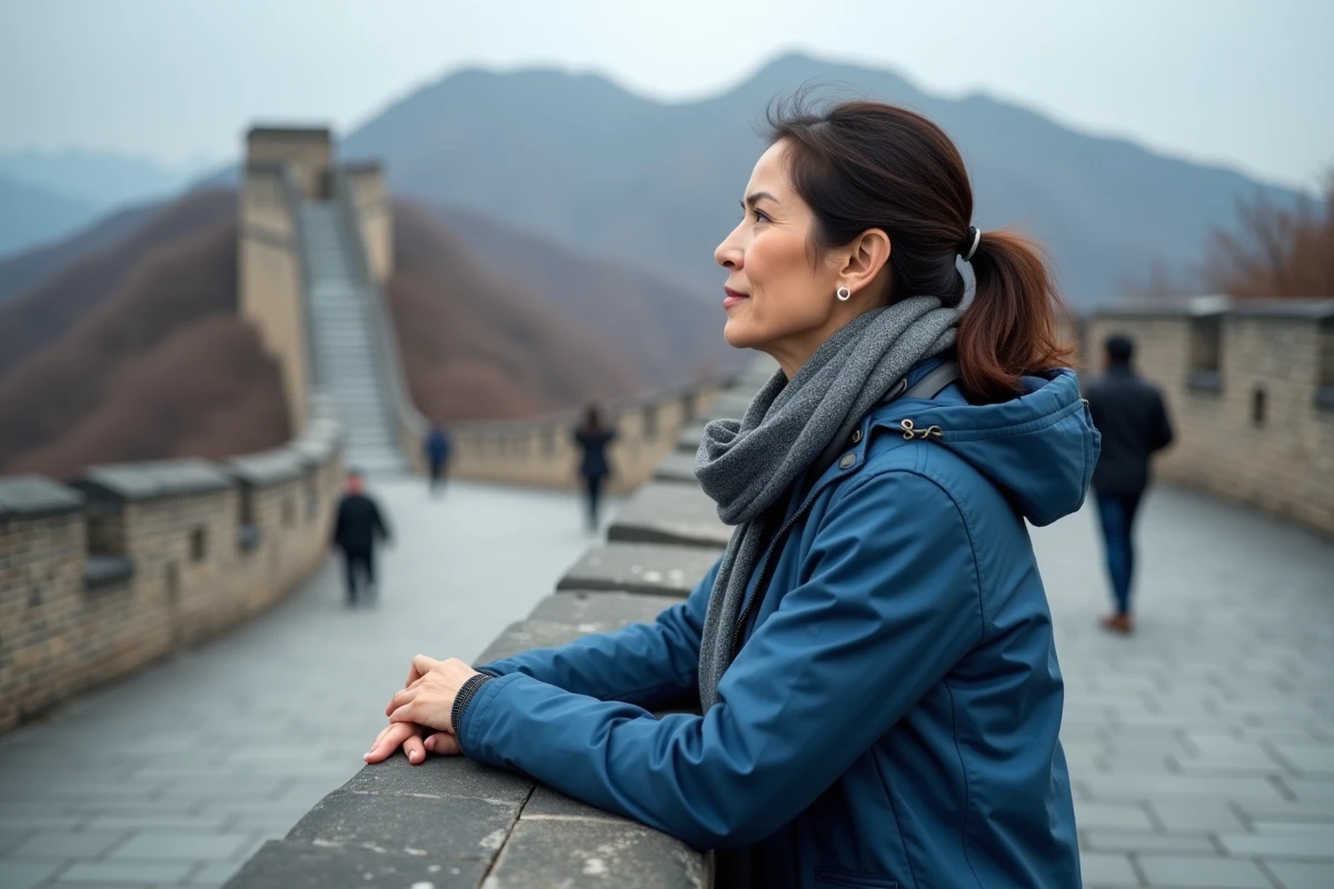 Femme regardant la Grande Muraille de Chine en contemplant