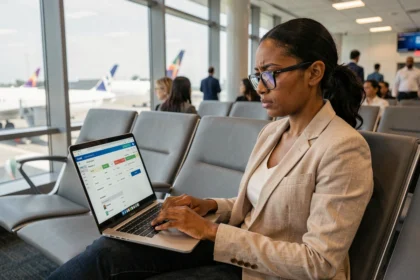 Femme consultant sa réservation Air Algérie sur un ordinateur portable dans un salon d'aéroport