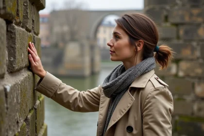 Femme contemplant le mur en pierre du théâtre romain à Lyon