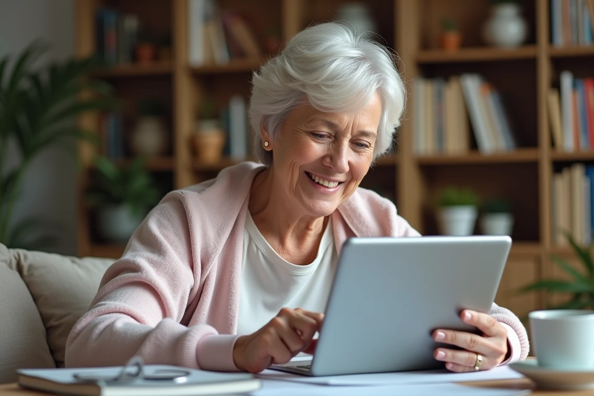 Femme senior souriante utilisant une tablette à la maison