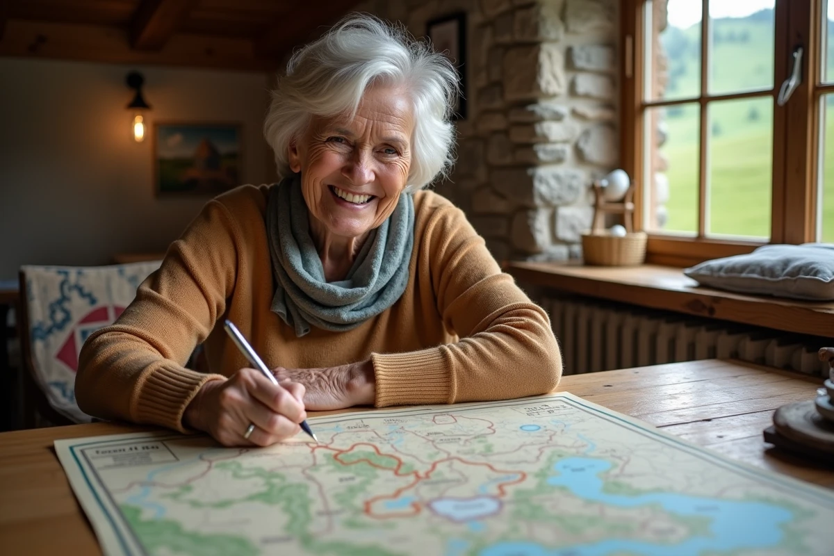 Seniore souriante planifiant son étape dans une auberge