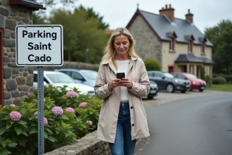 Femme dans un parking breton regarde son smartphone
