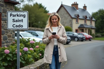 Femme dans un parking breton regarde son smartphone