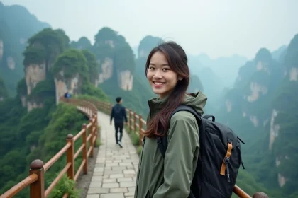 Jeune femme asiatique souriante au Tianmen Skywalk