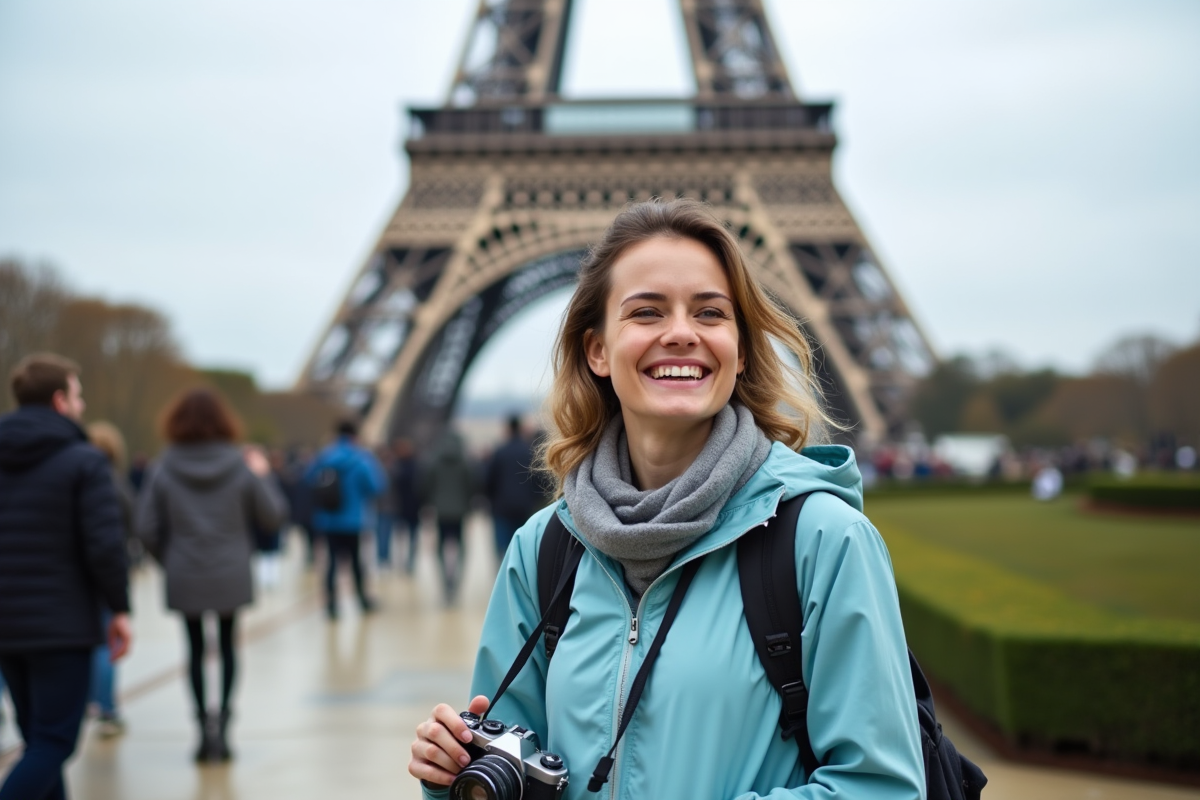 Femme souriante avec appareil photo devant la tour Eiffel