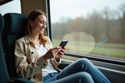 Femme souriante avec smartphone dans train moderne