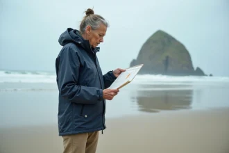 Femme consultant un tableau des marées sur la plage de Biarritz avec le Rocher de la Vierge en arrière-plan