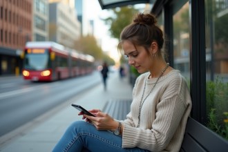 Femme pensante assise à un arrêt de bus urbain en Australie