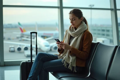 Jeune femme en voyage vérifiant son téléphone à l'aéroport