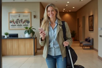 Femme voyageuse souriante dans le hall d'hôtel moderne