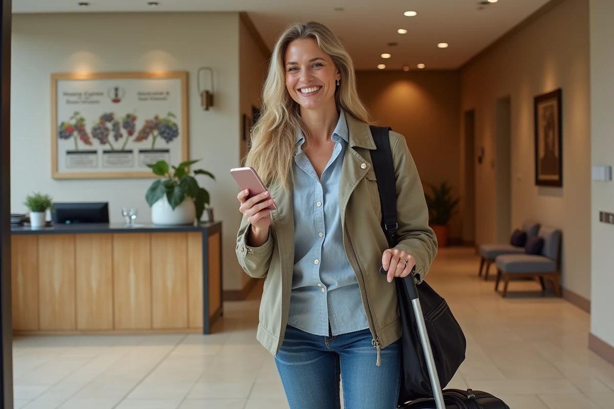Femme voyageuse souriante dans le hall d'hôtel moderne