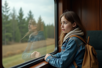Jeune femme regardant par la fenetre d'un train en Siberie