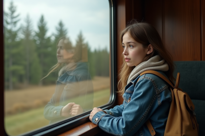 Jeune femme regardant par la fenetre d'un train en Siberie
