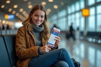 Jeune femme souriante en voyage à l'aéroport avec billet à la main